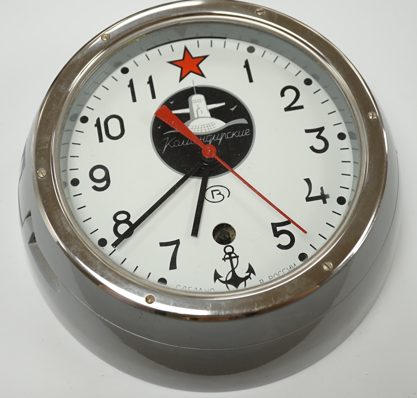 A mid 20th century Soviet style naval timepiece in cast grey painted case, 20cm diameter. Condition - good, however not tested for timekeeping and unable to examine the movement